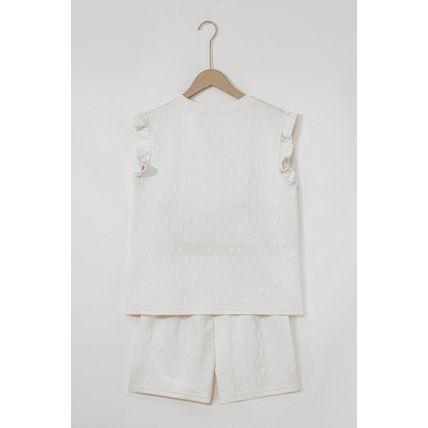 White Bow Jacquard Ruffle Sleeve Short 2pcs Outfit