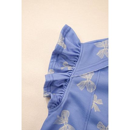 Sky Blue Bow Knot Print Crewneck Ruffled Sleeve Shift Mini Dress