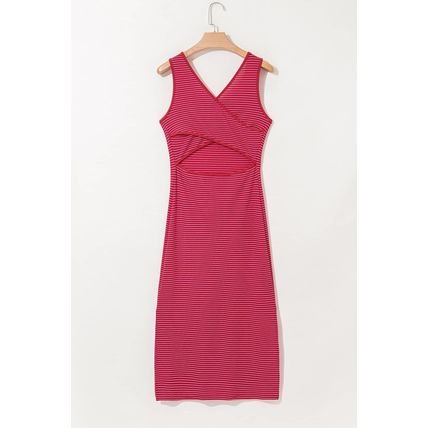 Red Stripe Criss Cross Side Slits Slim Fit Sleeveless Midi Dress