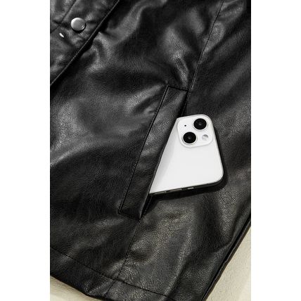 Black Faux Leather Buttoned Front Boxy Jacket