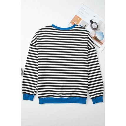 White Stripe Striped Contrast Ribbed Trim Crossed Stitch Drop Shoulder Sweatshir