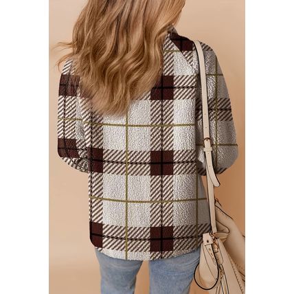 Multicolour Plaid Print Buttoned Stand Collar Fleece Jacket