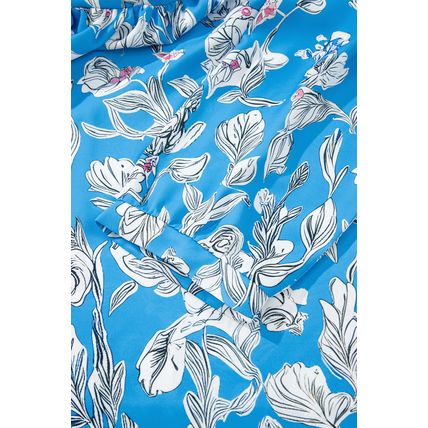 Sky Blue V Neck Floral Print 3/4 Puff Sleeve Blouse
