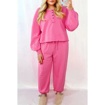 Bright Pink Plus Size Henley Drop Shoulder Pullover and Jogger Pants Two Piece S
