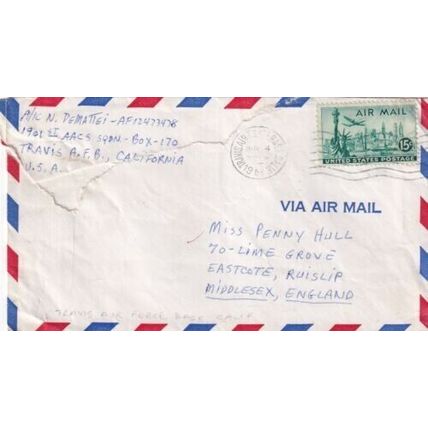 United States 1958 Travis Air Force Base CAL-Ruislip UK Air Mail Cover written