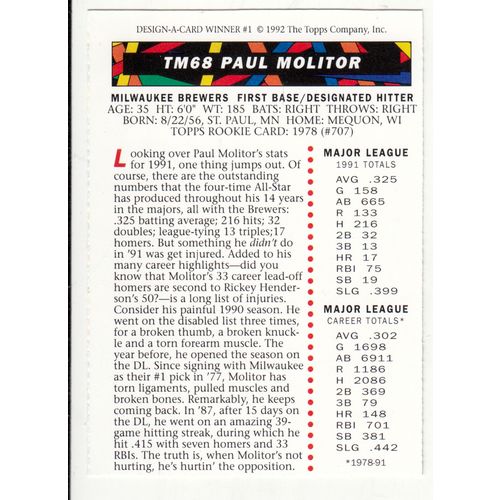 1992 Topps Magazine baseball TM68 Paul Molitor insert card –NM- Brewers