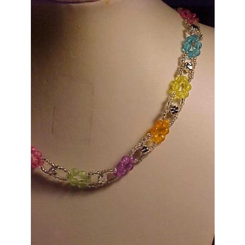 Multi-Color Flower Beaded Choker Necklace Faceted Beads 12" to 16"