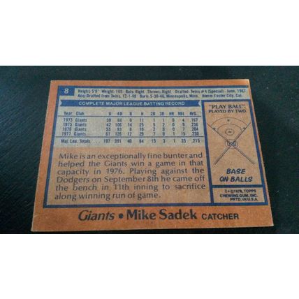 1978 Topps Card # 008 Mike Sadek Autograph 202102131714 San Francisco Giants