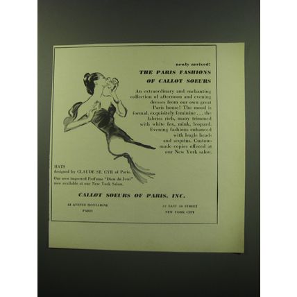 1949 Callot Soeurs of Paris Fashion Ad - Newly Arrived The Paris Fashions