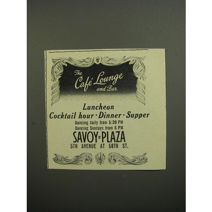1952 Savoy Plaza Hotel Caf Lounge and Bar Advertisement