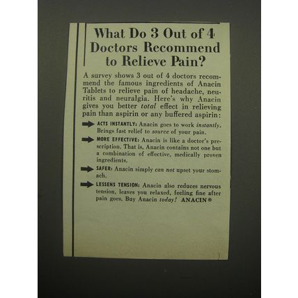 1957 Anacin Medicine Ad - What do 3 out of 4 doctors recommend to relieve pain?