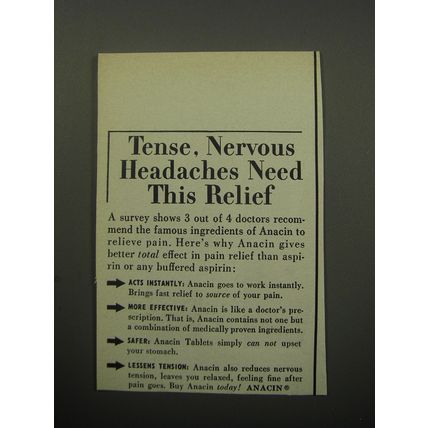 1957 Anacin Medicine Ad - Tense, nervous headaches need this relief