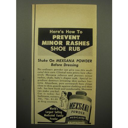 1957 Mexsana Powder Ad - Here's how to prevrent minor rashes shoe rub