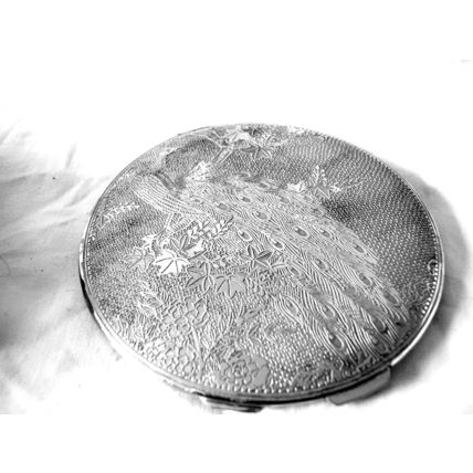 Art Deco Chrome Powder Compact Peacock & Flowers Oriental Vintage Large Flapjack