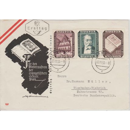 Mi: 989/992/991 used 5.11.1953 FDC Linz- Germany