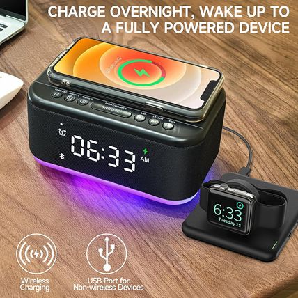 Alarm Clock Speaker Wireless Charger, Digital Alarm Clocks Bedrooms Bluetooth, A