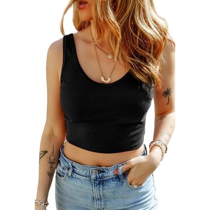 Black Ribbed Knit Sheath Sleeveless Crop Top