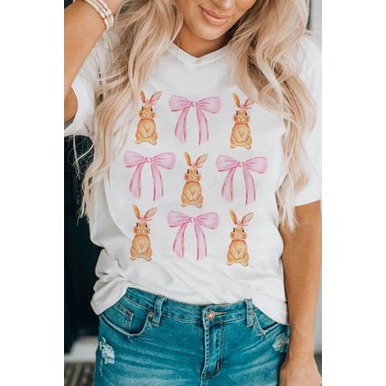 White Rabbit Bow Knot Print Crew Neck T Shirt