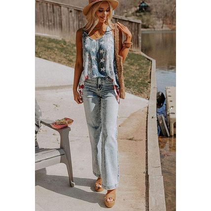 Blue Vintage Washed Flag Print Shift Tank Top
