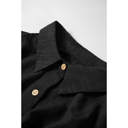 Black Solid Color Textured Buttoned Turn Down Collar Shirt