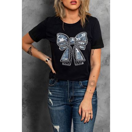 Black Rhinestone Bowknot Graphic Crewneck T Shirt