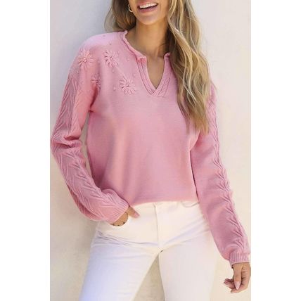 Peach Blossom Flower Detail Knitted Notched Neck Sweater