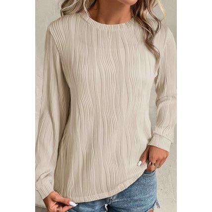 Apricot Textured Wavy Round Neck Long Sleeve Top