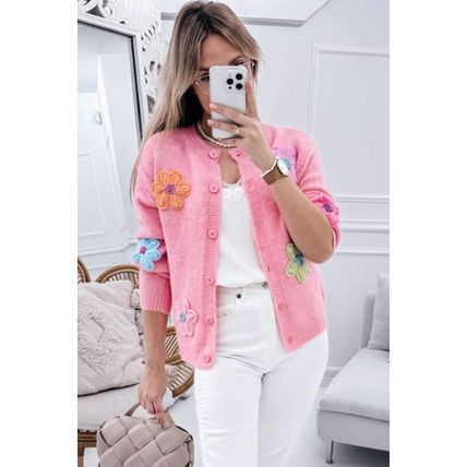 Pink Cute Knitted Floral Pattern Button Up Cardigan