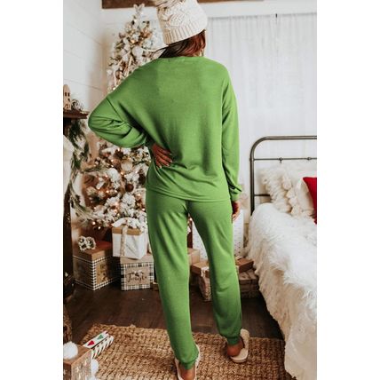 Spinach Green Sequin Christmas Stockings Graphic Two Piece Lounge Set