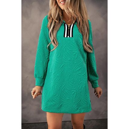 Sea Green Jacquard Textured Quarter Zipper Shift Mini Dress