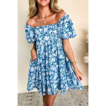 Blue Floral Puff Sleeve Babydoll Mini Dress