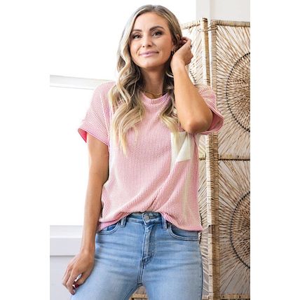 Pink Corded Knit Color Block Pocketed Crew Neck T Shirt