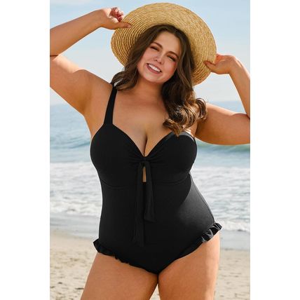 Black Plus Size Textured Knotted Ruffled Trim One Piece Swimwear