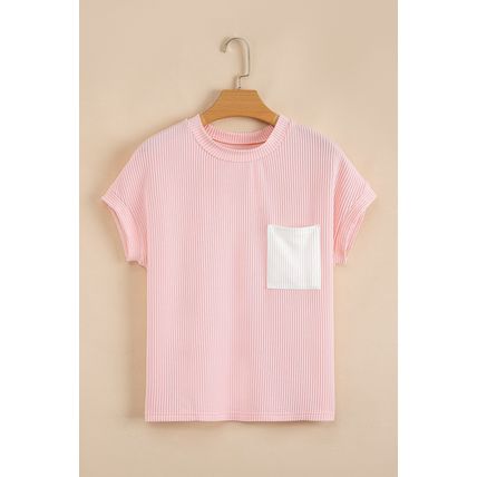 Pink Corded Knit Color Block Pocketed Crew Neck T Shirt