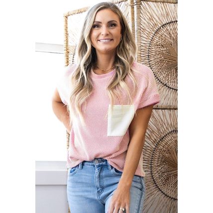 Pink Corded Knit Color Block Pocketed Crew Neck T Shirt