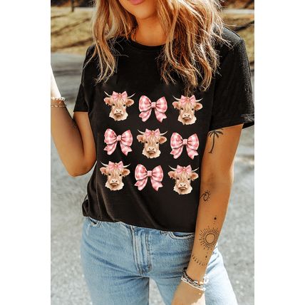 Black Cow with Bow Graphic Crewneck Western Tee