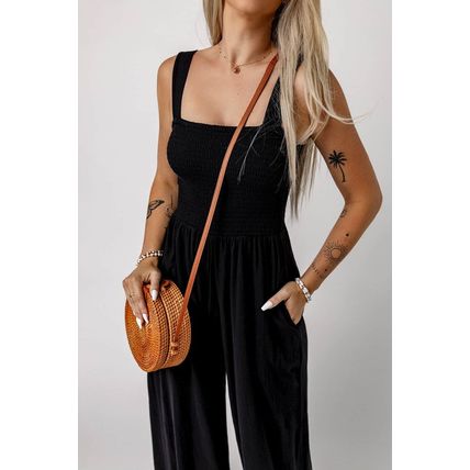 Black Smocked Sleeveless Wide Leg Jumpsuit with Pockets