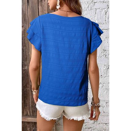 Dark Blue Textured Ruffled Sleeve Round Neck Top