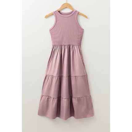 Sepia Rose Ribbed Vest Patchwork Tiered Midi Dress with Pockets