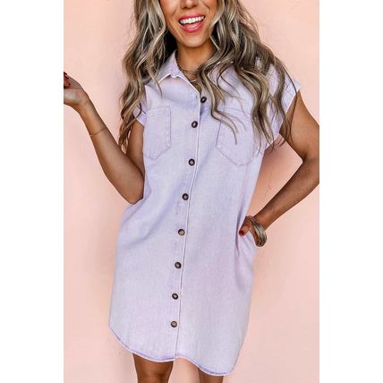 Orchid Petal Short Sleeve Double Chest Pocket Denim Shirt Dress