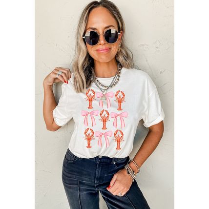 White Crawfish Bow Printed Summer T Shirt