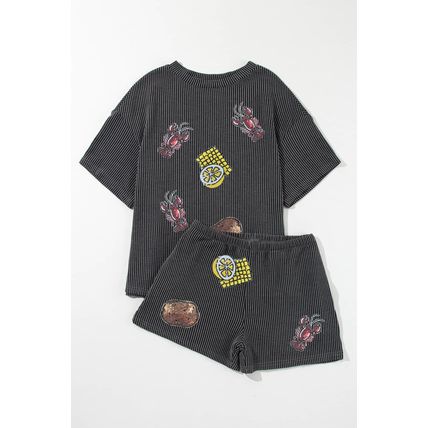 Carbon Grey Sequin Crawfish Food Print Textured Tee and Short Set