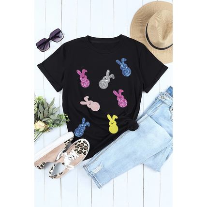 Black Sequin Bunny Doll Graphic Easter Day T Shirt
