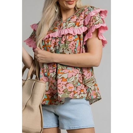 Multicolour Floral Tiered Ruffled Short Sleeve Blouse