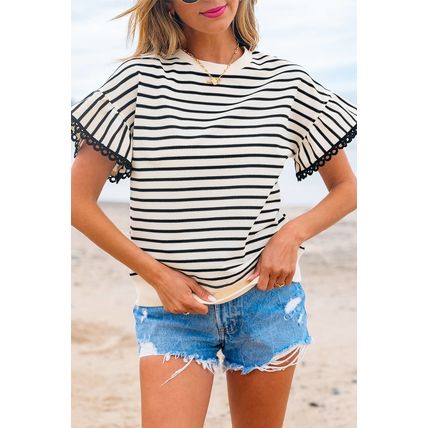 Black Stripe Scallop Lace Trim Ruffle Short Sleeves Crewneck Top