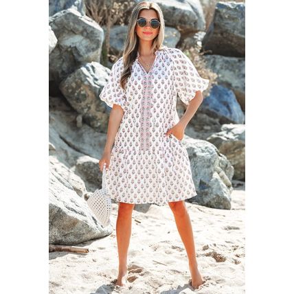 Pink Floral Print Bubble Sleeve Neck Tie Ruffled Dress