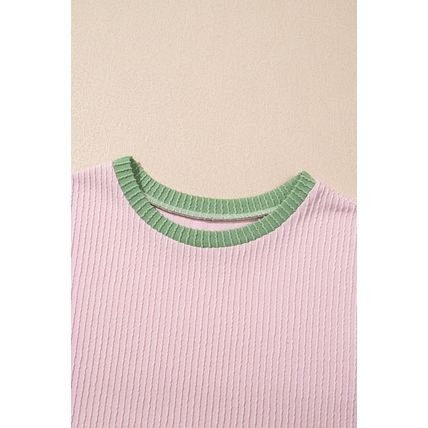 Pink Color Block Corded Knit Crew Neck Tee