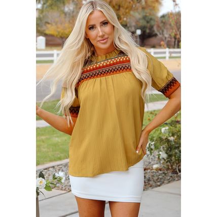 Mustard Geometric Short Puff Sleeve Frilled Collar Blouse