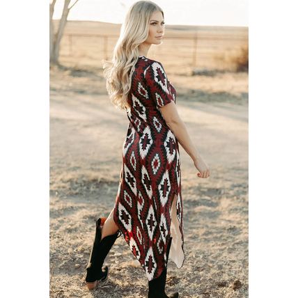 Red Western Aztec Printed Long T-shirt Dress