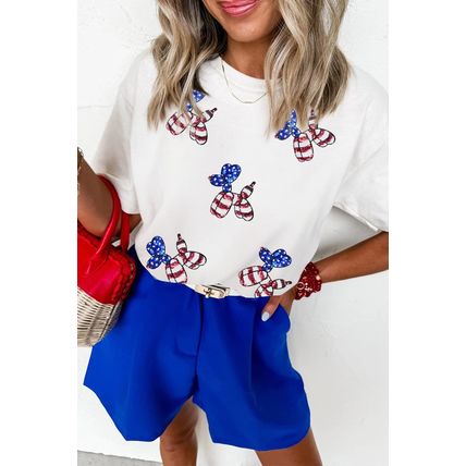 White Sequin Stars and Stripes Balloon Puppy Graphic Crewneck Tee